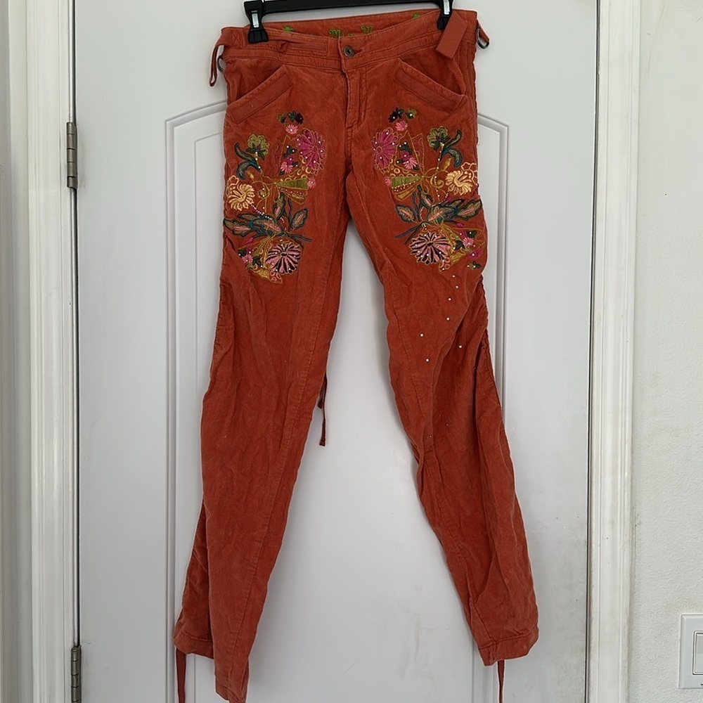 MISS ME Y2K Low Rise Orange Floral Embroidered Studded Corduroy Pants Grunge S
